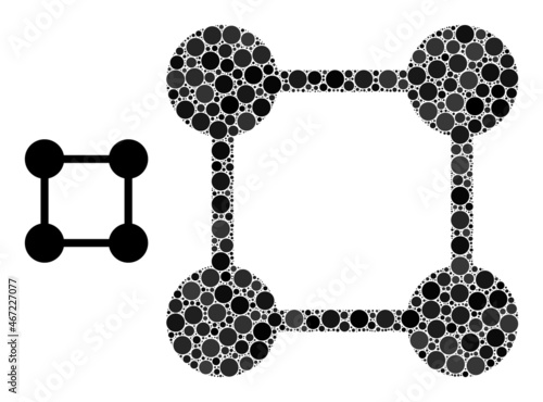 Square grid centers vector collage of small circles in variable sizes and color hues. Small circles are organized into square grid centers vector collage. Abstract vector illustration.