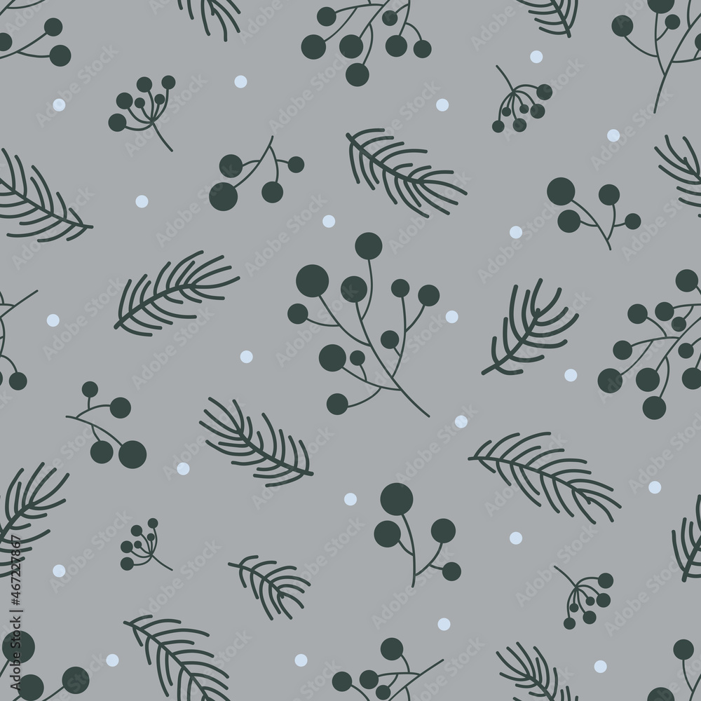 Berries of rowan, fir branches and snow on a gray background. Seamless winter monochromic doodle pattern. Suitable for packaging, wallpaper.