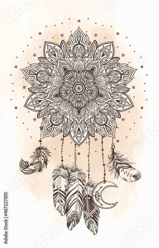 Hand drawn Native American Indian talisman dreamcatcher with feathers and moon. Vector hipster illustration isolated on white. Ethnic design, boho chic, tribal symbol.