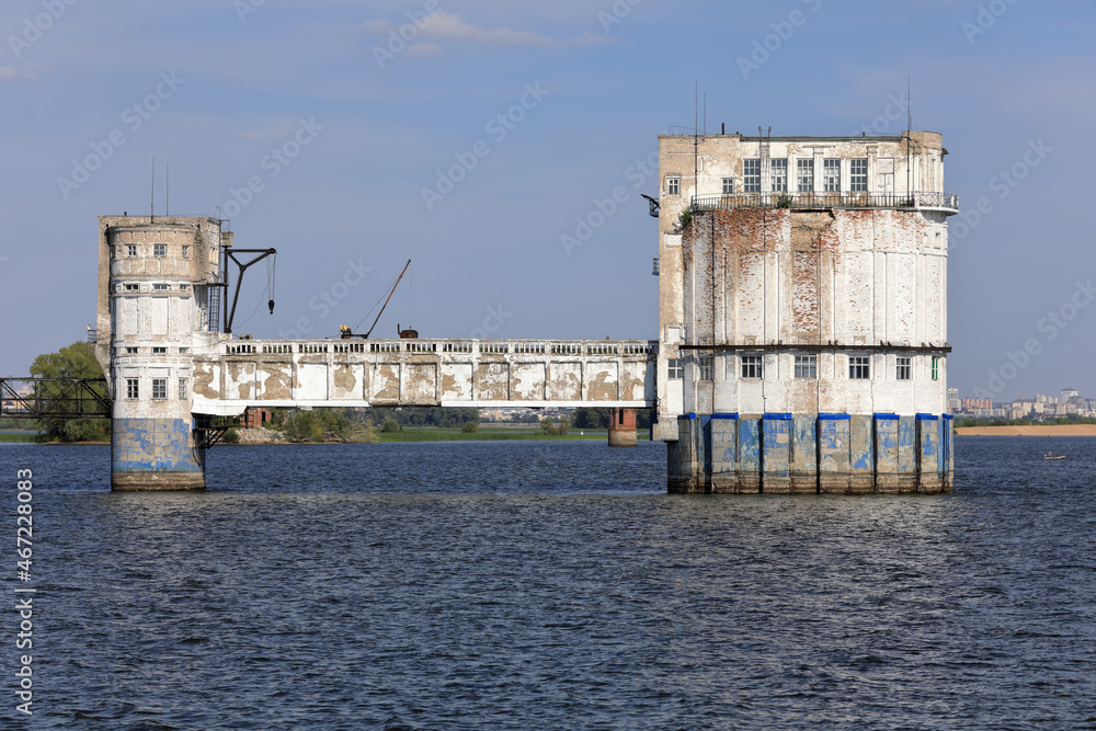 Water intake building combined with pumping station built in 1937 on the Volga river. Architecture of Soviet Union. Kazan, Republic of Tatarstan, Russia.