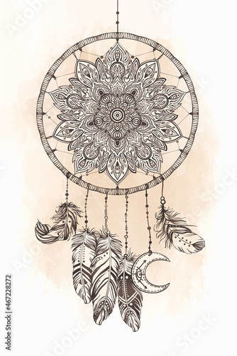 Hand drawn Native American Indian talisman dreamcatcher with feathers and moo...
