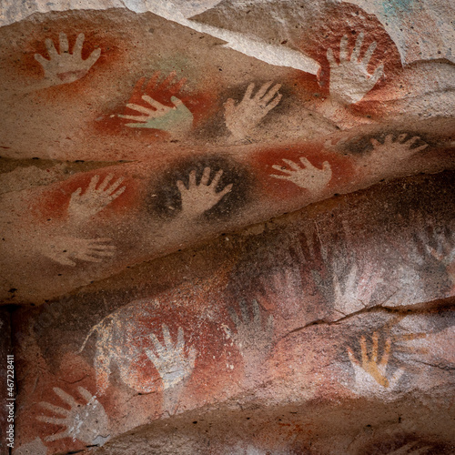 Prehistoric hand paintings at the Cave of the Hands (Spanish: Cueva de Las Manos ) in Santa Cruz Province, Patagonia, Argentina. The art in the cave dates from 13,000 to 9,000 years ago.