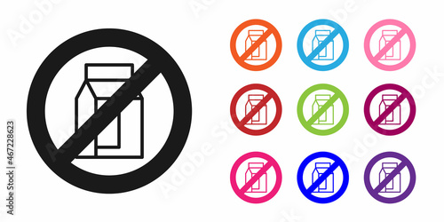 Black No pack of milk icon isolated Black background. Not allow milk. Allergy concept, lactose intolerance allergy warning sign. Set icons colorful. Vector