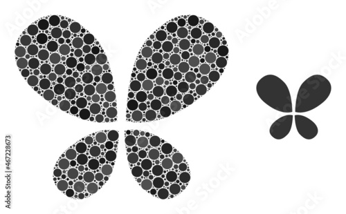 Butterfly vector collage of circle dots in different sizes and color tinges. Dots are grouped into butterfly vector composition. Abstract vector illustration. photo