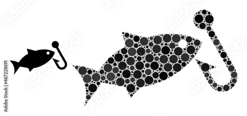 Fishing hook vector collage of small circles in different sizes and color shades. Small circles are united into fishing hook vector collage. Abstract vector design concept.