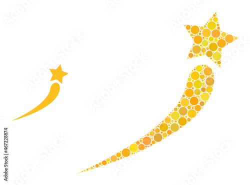 Raising star vector collage of circle dots in different sizes and color hues. Round dots are composed into raising star vector collage. Abstract vector design concept.
