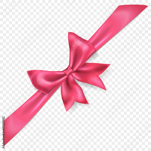 Beautiful pink bow with diagonally ribbon with shadow, isolated on transparent background. Transparency only in vector format