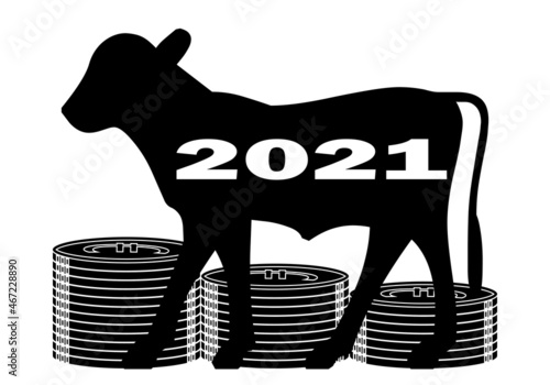 Vacas flacas en el año 2021 Silueta negra de una vaca sobre una  pila de monedas de euro  y con el año 2021. Educación financiera