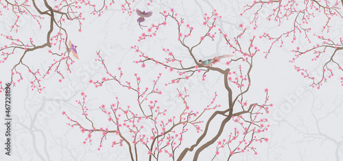 A branch of cherry blossoms with birds. Frescoes, murals, murals for interior printing. photo
