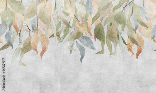 Hand-drawn branches with leaves hanging from above on a textured background. Seamless pattern.