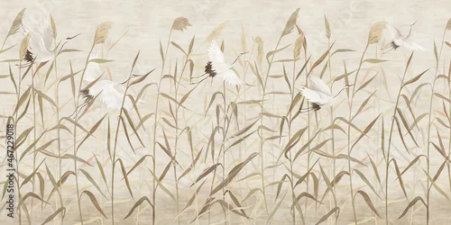 Obraz Hand-drawn reeds with flying storks. For interior printing.