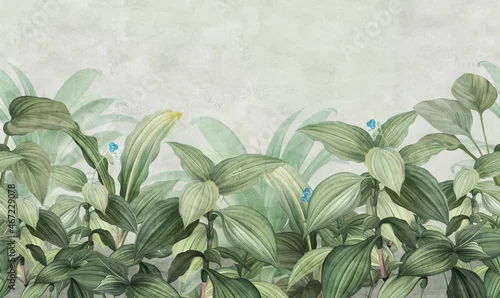Obraz narysowane duże liście z małymi kwiatkami na teksturowym tle