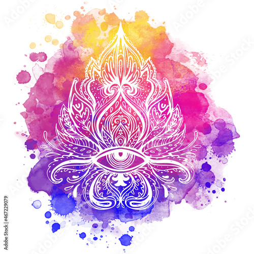 Lotus inspired ornate composition over colorful watercolor background. Hand d...