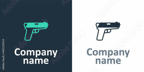 Logotype Pistol or gun icon isolated on white background. Police or military handgun. Small firearm. Logo design template element. Vector