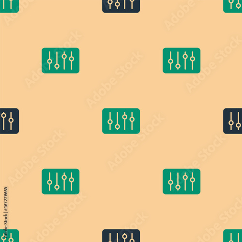 Green and black Sound mixer controller icon isolated seamless pattern on beige background. Dj equipment slider buttons. Mixing console. Vector