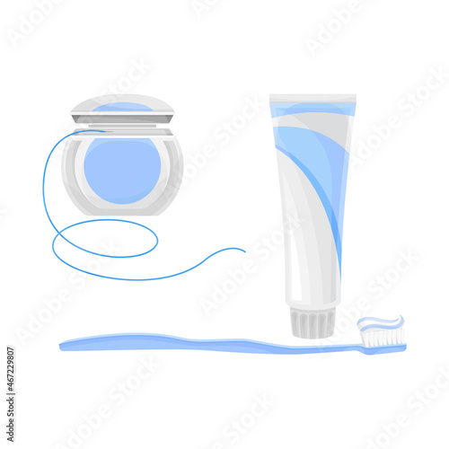 Dental Floss and Toothpaste with Toothbrush Vector Set