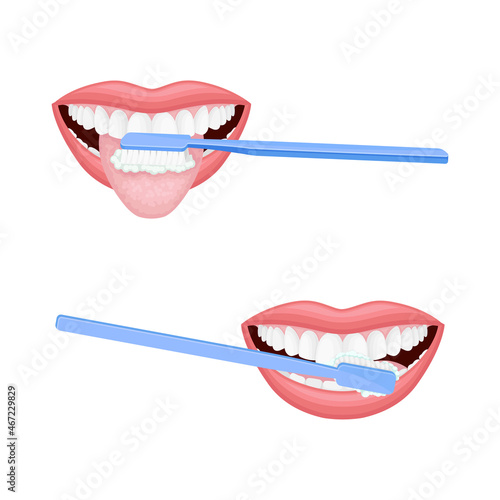 Open Mouth with Toothbrush Scrubbing and Cleaning Teeth and Tongue Vector Set