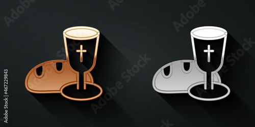 Gold and silver Goblet and bread icon isolated on black background. Bread and wine cup. Holy communion sign. Long shadow style. Vector