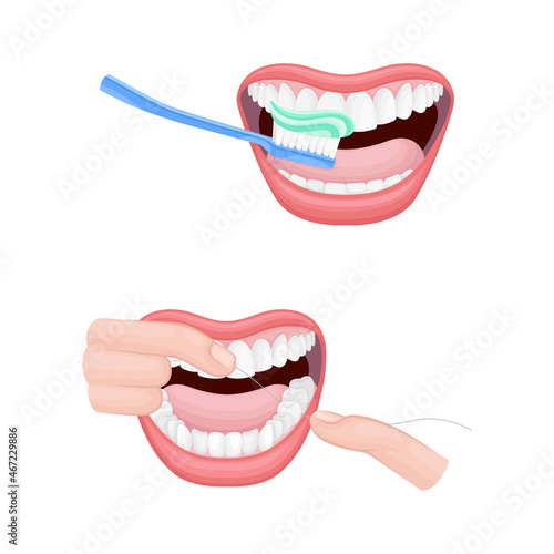 Open Mouth with Toothbrush and Dental Floss Scrubbing and Cleaning Teeth Vector Set