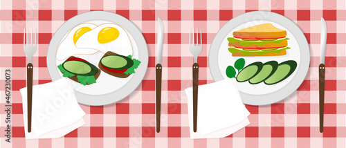Breakfast for two fried eggs, toast with toasted bread, cucumber and sandwich, basil, herbs on a plate with napkins and appliances on the table. Cute vector illustration of food in a flat style.