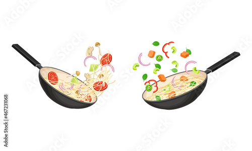 Chinese Udon Noodle Preparation with Ingredient Tossing on Frying Pan Vector Set