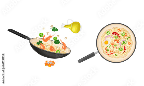 Chinese Udon Noodle Stir-frying in Wok Pan on Burner Vector Set