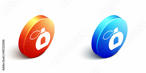 Isometric Perfume icon isolated on white background. Orange and blue circle button. Vector