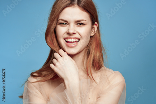 pretty woman attractive look lifestyle romance blue background