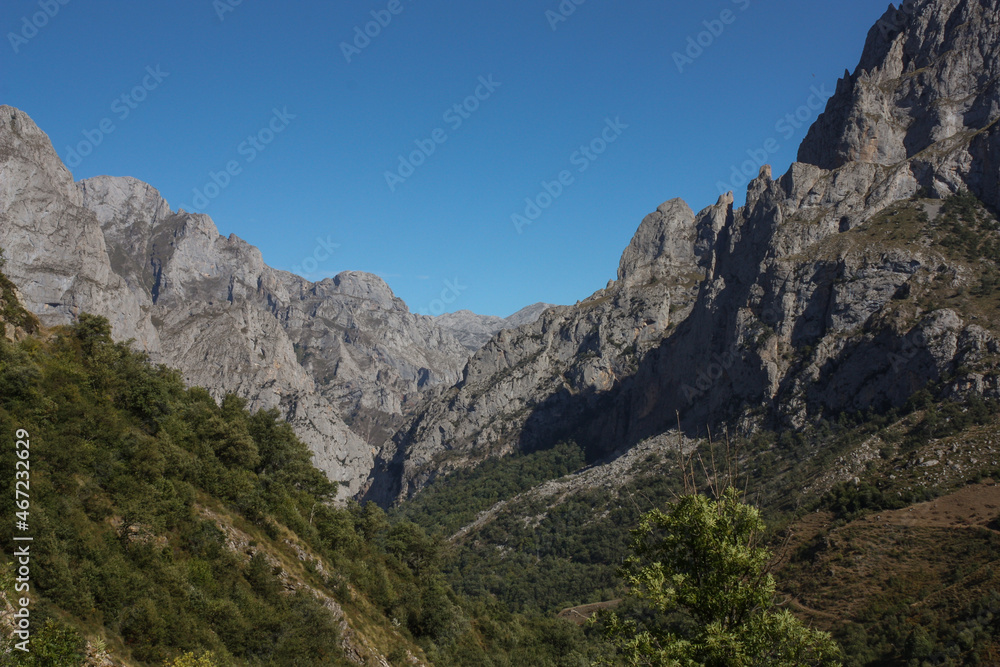Contrast between the green valley and the rocky peaks at Cares Natural Park in the north of Spain