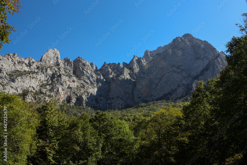 View of rocky ridges with trees in the foreground at Cares Natural Park in the north of Spain View of rocky ridges with trees in the foreground at Cares Natural Park in the north of Spain