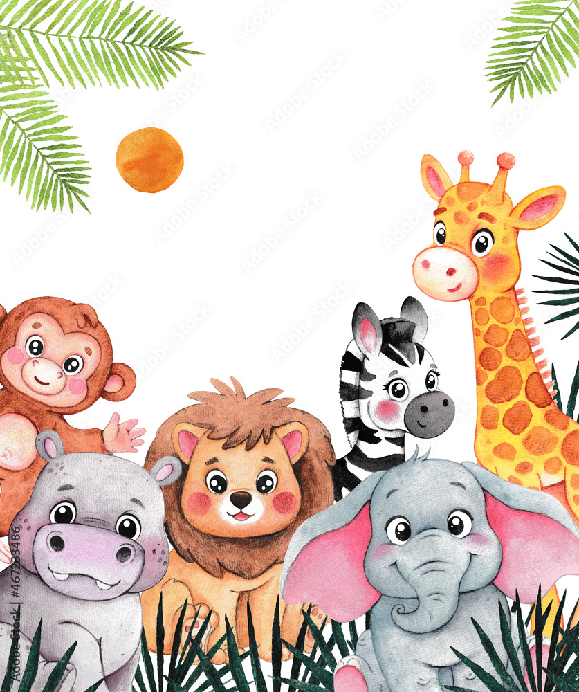 Watercolor frame with African animals. Children's holidays. Elephant, lion,  giraffe, monkey, hippo, zebra. Stock Illustration | Adobe Stock