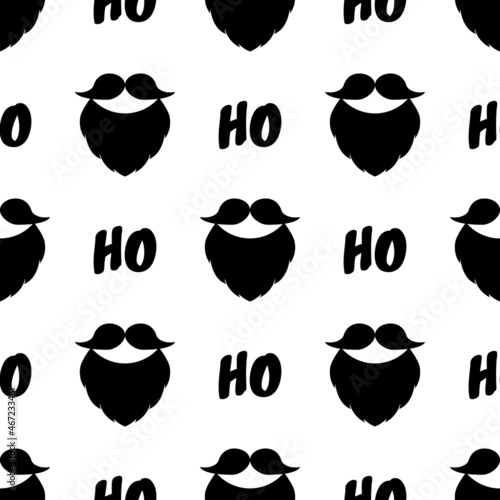 Christmas minimalist pattern. Vector seamless background with a beard, mustache, and text Ho Ho Ho. Black and white colors. Festive design for poster backdrop, gift wrappers, textile, fabric, prints.