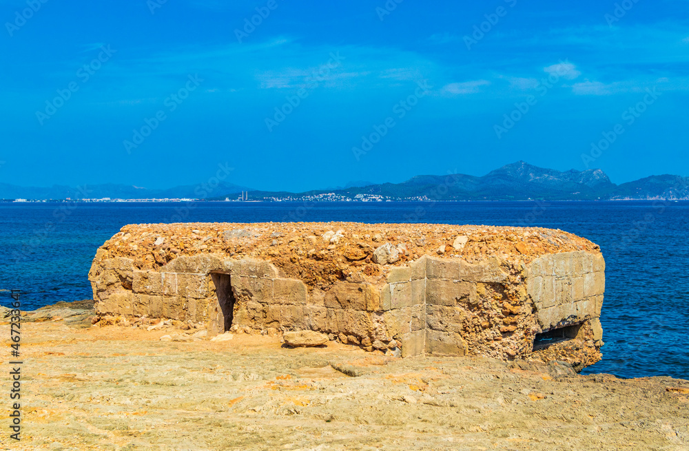 Sculptures coast and beach landscape panorama Can Picafort Mallorca Spain.
