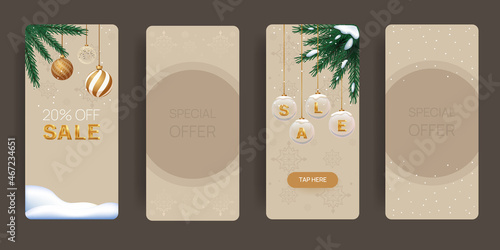 Vertical christmas banners with fir branches and christmas tree balls. New year sale flyers layout.