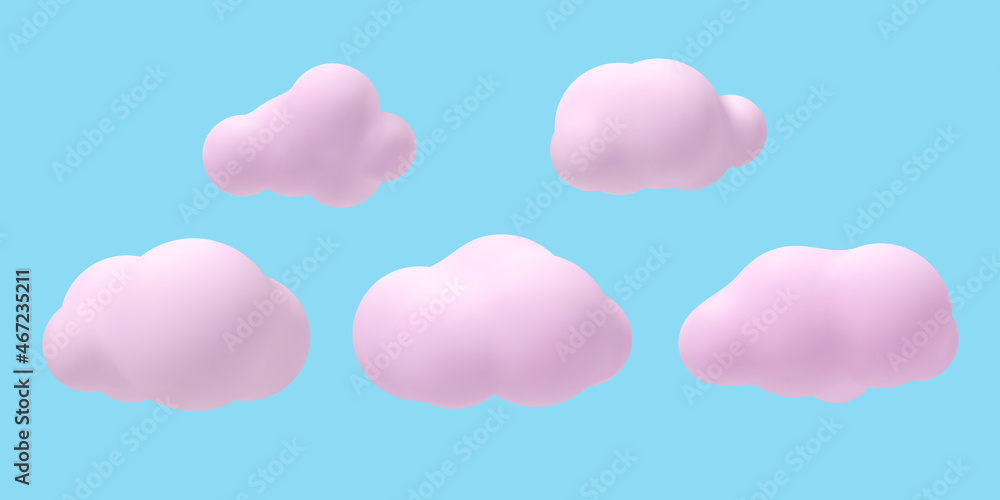 Set of 3d vector pink clouds. Decorative elements isolated on blue background. Vector illustration.