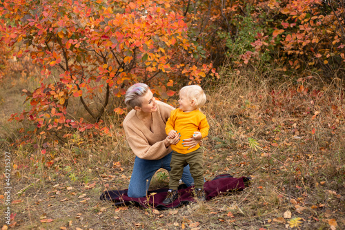 Thanksgiving holiday season. Boy with mother outdoor, autumn background