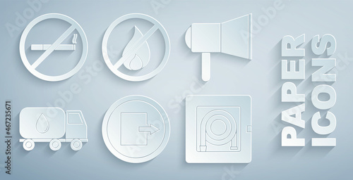 Set Fire exit, Megaphone, Water delivery truck, hose cabinet, No fire and Smoking icon. Vector