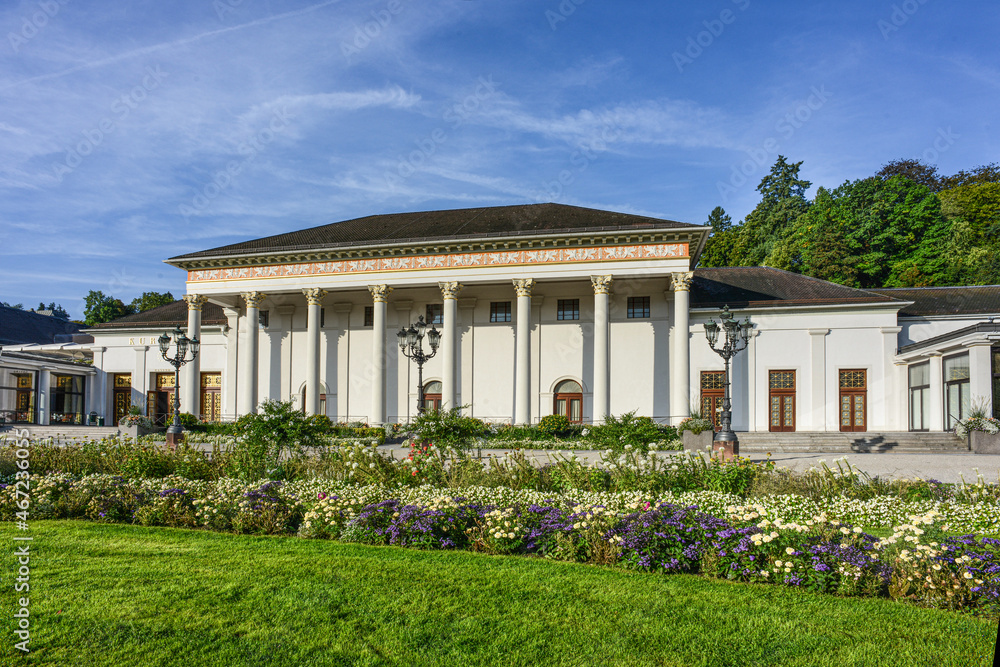 Casino and Health spa center in the spa park of Baden Baen with blue sky. Germany, Europe