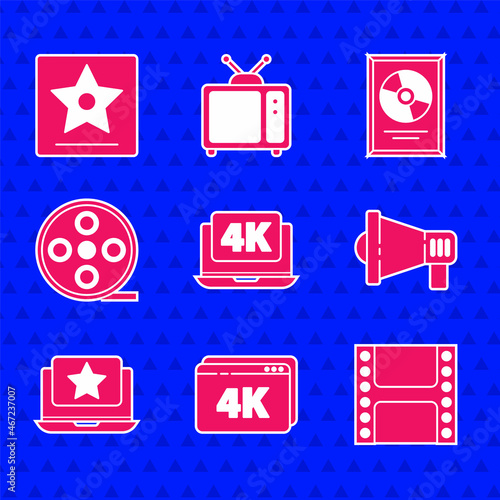 Set Laptop with 4k video, Online play, Play Video, Megaphone, star, Film reel, CD disk award frame and Hollywood walk of fame icon. Vector