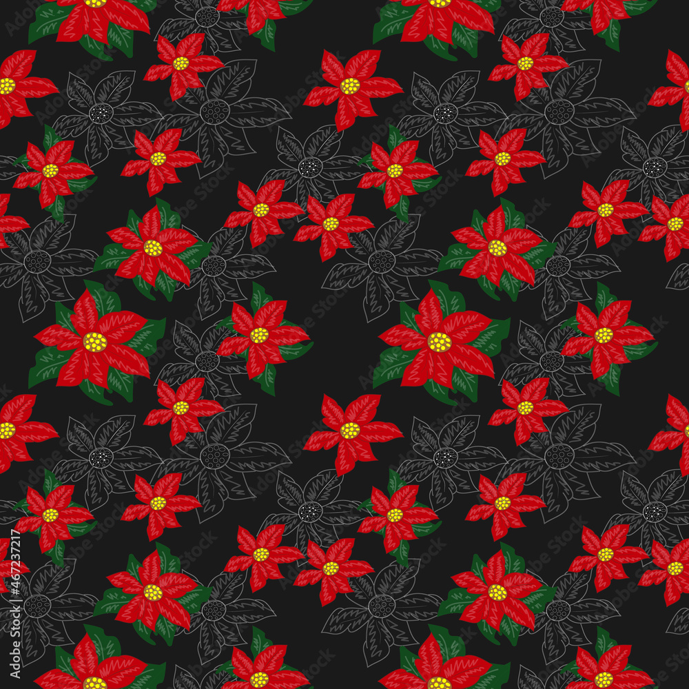 Seamless pattern with flowers (with poinsettia) on a black background. Vector graphics. Seamless pattern with flowers (with poinsettia) on a black background. Vector graphics.
