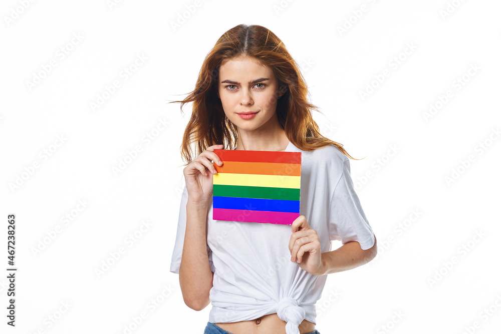 woman wearing white t-shirt lgbt flag inventor community woman wearing white t-shirt lgbt flag inventor community