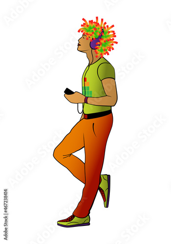 A man with headphones enjoys listening to music. His hair is in the form of a musical beat.