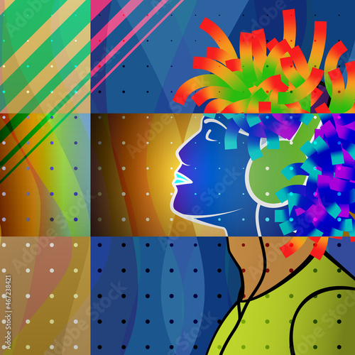 A man with headphones enjoys listening to music. His hair is in the form of a musical beat.