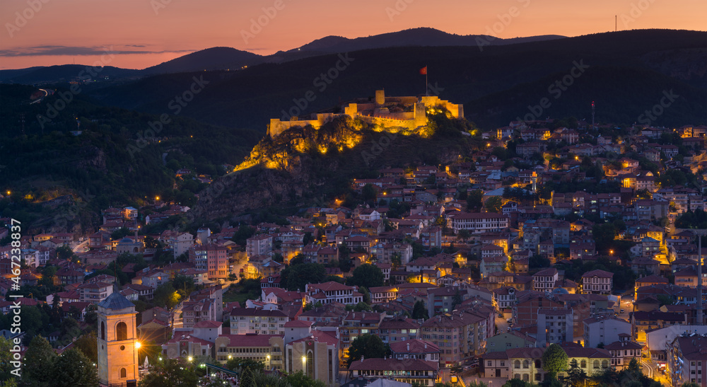 Evening in Kastamonu. Evening view of the historical city, clock tower and Kastamonu Castle. Travel Turkey.