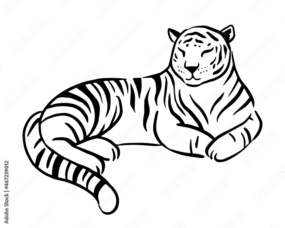 Naklejka premium Chinese tiger lies isolated on the white background. White tiger in realistic style. Year of the tiger. Chinese new year. Vector illustaration.