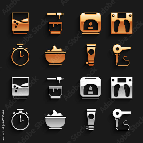 Set Sea salt in a bowl, Bathroom scales, Hair dryer, Cream or lotion cosmetic tube, Stopwatch, Aroma lamp, Glass with water and Honey dipper stick and icon. Vector