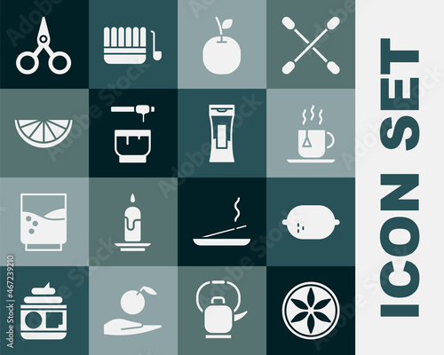 Set Leaf plant nature, Lemon, Cup of tea with tea bag, Apple, Honey dipper stick and bowl, Citrus fruit, Scissors and Bottle shampoo icon. Vector