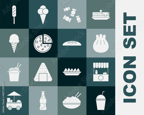 Set Milkshake, Street stall with awning, Khinkali on cutting board, Candy, Pizza, Ice cream waffle cone, Corn dog and Bread loaf icon. Vector