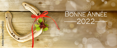 glücksbringer hufeisen und kleeblatt mit guten wünschen für das neue Jahr - bonne annee photo