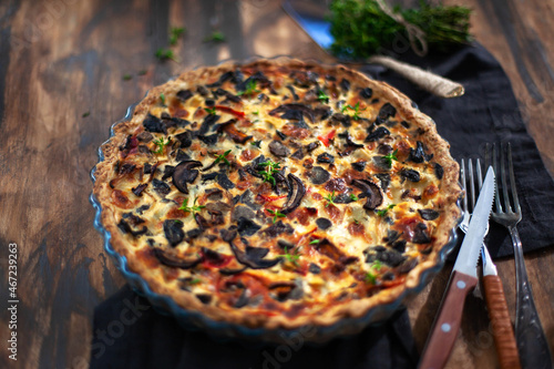 Delicious homemade mushrooms and cheese quiche ore tart (open pie) photo